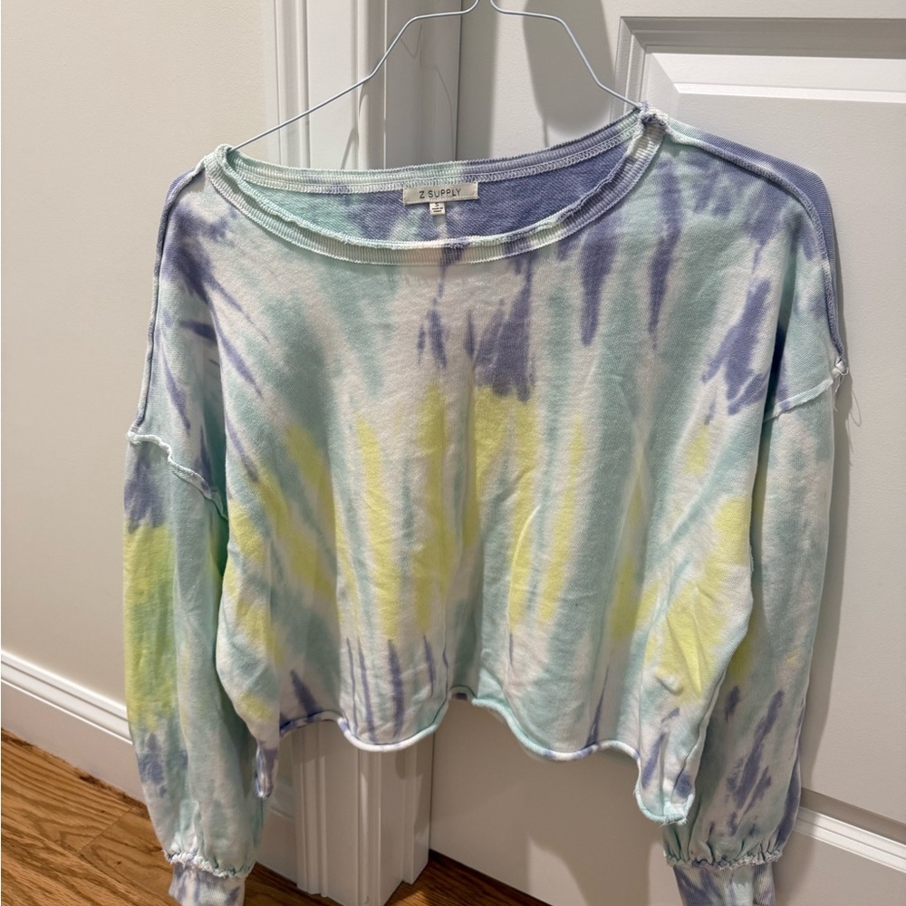 Z Supply Tie-Dye Cropped Sweatshirt - Blue, Yellow, White